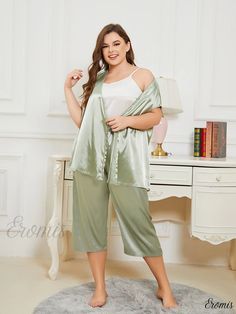 Eromis - Premium Plus Size Luxury Pajama Sets - Womens Short Sleeve Wrap Neck Top & Pants with Sleek Stretch - Two-Piece Pajama Set Sleeveless Green Sleep Sets, Green Sleeveless Sleep Sets, Green Sleeveless Sets For Loungewear, Green Sleeveless Loungewear Sets, Green Sleeveless Lounge Sets, Green Pajama Party Sets With Long Pants, Green Sleepwear Sets With Long Pants, Luxury Pajamas, Womens Pyjama Sets