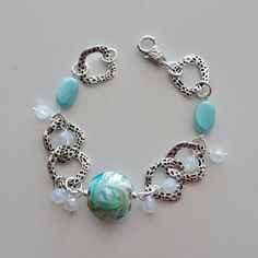 Aqua Bead Bracelet-Silver Linked Bracelet-Beach-Glass Bead Elegant Turquoise Bracelets For Beach, Turquoise Faceted Beads Bracelets For Beach, Turquoise Bracelet With Silver Beads, Beach Jewelry Bracelet With Faceted Beads, Beach Jewelry Faceted Bead Bracelets, Bohemian Silver Charm Bracelet For Beach, Silver Bohemian Charm Bracelet For Beach, Beaded Sterling Silver Bracelets, Czech Glass Beaded Chain Jewelry For Beach