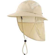 a white hat with a string attached to the brim and an adjustable sun visor