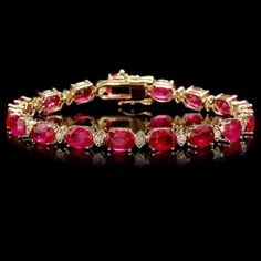 Very Impressive 26.90 Carats Natural Red Ruby & Diamond 14K Solid Yellow Gold Bracelet Suggested Replacement Value: Approx. $6,900.00 STAMPED: 14K Total Natural Round Diamonds Weight: Approx. 0.90 Carats (color G-H / Clarity SI1-2) Total Rubies Weight is: Approx. 26.00 carats Ruby Treatment: Lead Glass Filling Rubies Measure: 8 x 6mm Bracelet length is: 7 inches Bracelet total weight: Approx. 16.5g Disclaimer: all weights, measurements and colors are approximate and may vary slightly from th Jewelry Watch, Gold Face, Jewelry Appraisal, Family Jewellery, Fancy Diamonds, Minerals And Gemstones, Yellow Gold Bracelet, Ruby Diamond, Raw Gemstones