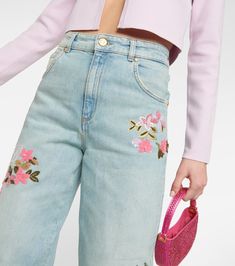 Embroidered High Rise Straight Jeans in Blue - Blumarine | Mytheresa Embroidered Wide Leg Flare Jeans For Spring, Spring Embroidered Wide Leg Flare Jeans, High Rise Floral Embroidered Jeans, High Rise Jeans With Floral Embroidery, Trendy Embroidered Straight Leg Pants, Spring Floral Embroidered Straight Leg Jeans, Trendy Straight Leg Pants With Floral Embroidery, High Waist Floral Embroidery Jeans For Spring, Spring Floral Embroidery Wide Leg Flare Jeans