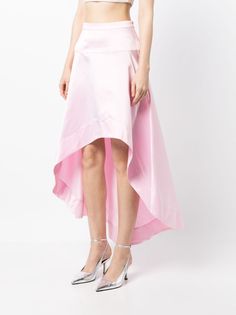 Pink Satin Evening Bottoms, Formal Pink Silk Skirt, Formal Pink Satin Bottoms, Fitted Asymmetrical Satin Skirt, Fitted Satin Asymmetrical Skirt, Pink Silk Evening Skirt, Silk Bottoms With Asymmetrical Hem For Party, Silk Party Bottoms With Asymmetrical Hem, Chic Silk Skirt With Asymmetrical Hem