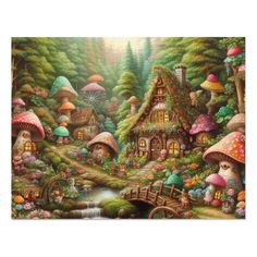 a painting of mushrooms and houses in the woods