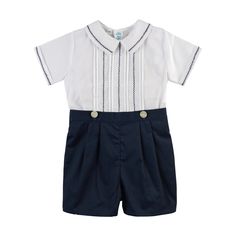 A timeless outfit for your little boy! This vintage style Bobby Suit is classy as can be, with its dainty pintucks, hand-stitched embroidery, and pleated pants. Fall in love with a beautiful heirloom piece that can stay in your family for years to come! Infant Dress Clothes Boy, Toddler Boy Christmas Outfits, Boys Smock, Outfit For Church, Classic Baby Clothes, Boys Christmas Outfits, Special Occasion Gowns, Feather Stitch, Timeless Outfits