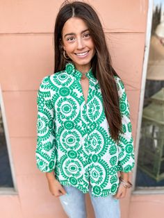 Obsessed with everything about this top! The color & print is stunning & the buttons add such a pretty detail! 100% Polyester Hand wash cold & hang dry Ships from Valdosta Ga Green Printed Spring Tops, Green Printed Blouse For Day Out, Printed Green Blouse For Day Out, Patterned Long Sleeve Tops For Day Out, Green Fall Vacation Blouse, Green Fall Vacation Tops, Green Long Sleeve Top With Floral Embroidery, Green Floral Embroidered Tops For Fall, Green Floral Embroidery Tops For Fall