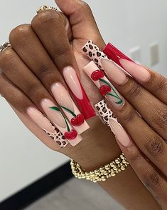 Sculpted cherries 🍒 #explorar #explorepage✨ #explorepages #explorepageready #cherrynails #cherrynails🍒 #nailsofinstagram #nailsonfleek #nailsofig #nailsofinsta #nailsonpoint #losangelesnails Cheetah And Cherry Nails, French Tip With Cherries, Cherry Design Nails, Red Nails Black Women, Red Nail Sets, Cherry French Tip Nails, Nails Lips, Cherry Nail, Cherry Design