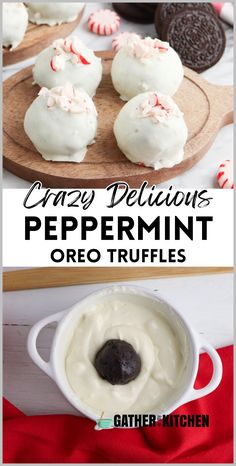 an oreo truffles with white frosting and peppermint on top