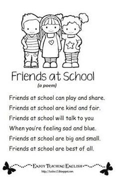 the poem friends at school is written in black and white, with two children standing next to each other