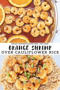 orange shrimp is served over cauliflower rice in a skillet and topped with sliced oranges