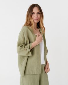 Linen kimono jacket BANOS in Sage | MagicLinen Summer Linen Outerwear With Button Cuffs, Chic Summer Outerwear With Button Cuffs, Summer Long Sleeve Outerwear With Button Cuffs, Spring Outerwear With Relaxed Fit And Kimono Sleeves, Oversized Outerwear With Kimono Sleeves For Spring, Casual Summer Blazer With Button Cuffs, Spring Loungewear Outerwear With Button Closure, Spring Kimono With Pockets, Casual Outerwear With 3/4 Sleeve For Daywear