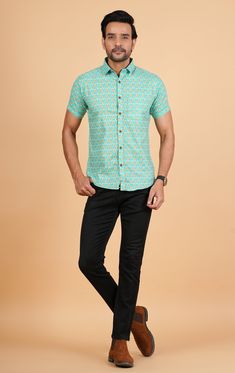 Hand block Printed Cotton Handmade shirt for men Summers Regular smart Fit Shirt Beach wear Cotton Shirt , Pure Cotton Shirt Aqua Green Half sleeve  Product Details Item: Half Sleeve Crop - Hip Length Shirt Material: 100% Pure Cotton Print: Sanganeri Hand Block Print Sleeves: Half Sleeves Size Chart M: Chest 40 inches, Length 28 inches, Sleeve 8.5 Inches L: Chest 42 inches, Length 28.5 inches, Sleeve 9.0 Inches XL: Chest 44 inches, Length 29 inches, Sleeve 9.5 Inches XXL: Chest 46 inches, Length 29 inches, Sleeve 9.5 Inches Product Specification Color: Aqua Green, White, Brown. Wash Care: Hand washable, Machine Wash Stitching: Cotton Threads, Wooden Button Indulge in the elegance of our meticulously crafted Half Sleeve crop Shirt. Tailored from 100% pure cotton and adorned with the exquisi Green Collared Shirt For Summer, Green Half Sleeve Summer Tops, Casual Green Half Sleeve Shirt, Green Cotton Short Sleeve Shirt For Summer, Green Cotton Short Sleeve Shirt For Spring, Green Collared Short Sleeve Shirt For Summer, Half Sleeve Shirt, Tropical Fashion, Smart Fit