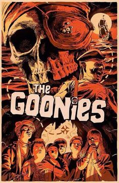 a movie poster for the goonies with an image of a group of people and a skull