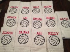 towels with embroidered volleyball balls and names on them