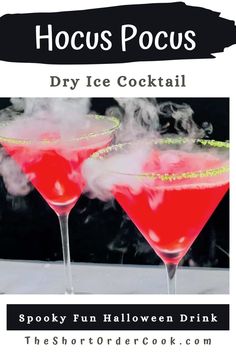 The ultimate Halloween martini! The sweet, spooky, & scary cocktail with dry ice is a fun, pretty, & yummy recipe. The eerie dry ice makes the drink aesthetic & fancy. A green sugar rim with pink fruity punch is colorful. The rum cocktail has just a few ingredients, shake it up, & pour up - then sip. The best alcoholic drink for adult costume balls or Hocus Pocus movie watch parties. Dry Ice Cocktails, Fun Halloween Drinks, Halloween Alcohol, Alcoholic Treats, Sweet Savory Recipes, Pink Zebra Recipes, Orange Cocktail