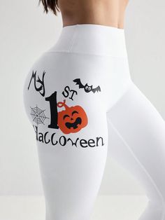 Women's Halloween Pumpkin Letter Print Casual Athletic Leggings White    Fabric Animal,Halloween,Letter Regular High Stretch  Women Activewear, size features are:Bust: ,Length: ,Sleeve Length: Leopard Tights, Halloween Letters, Ankle Socks Women, Legging Sport, Fairy Fashion, Casual Athletic, Flare Leg Pants, Leggings Casual, Athletic Leggings