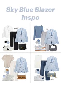 Sky blue blazer inspiration Light Blue Blazer Outfit Women, Blue Blazer Outfit Ideas For Women, Sky Blue Tshirt Outfit Women, Light Blue Linen Blazer Outfit Women, Womens Blue Blazer Outfit, Light Summer Office Outfits, Blue Linen Suit Women, Blue Blezars Outfit, Light Blue Business Outfit