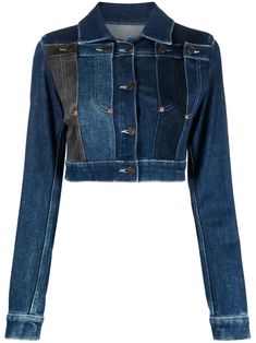 navy blue stretch-cotton pointed flat collar front button fastening long sleeves buttoned-cuff sleeves straight hem cropped Pointed Flat Collar, Moschino Jeans, Designer Jackets, Flat Collar, Versace Outfit, Knee Length Shorts, Black Tweed, Airport Fashion, Denim Jackets