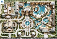 an aerial view of the resort and hotel complex, with swimming pools on each side