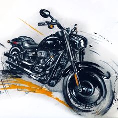 a drawing of a motorcycle with orange and black paint strokes on it's side