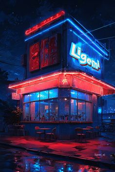 a lit up restaurant with neon lights on it