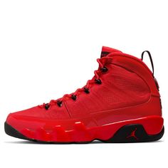 The Nike Air Jordan 9 Retro "Chile Red" is a nod to the 2012 "Motorboat Jones" colorway. This vibrant red sneaker features a textile upper, speed lacing system, and tonal patent leather on the mudguard, collar, and heel. Black accents include the tongue tag, molded eyelets, and pull loop at the heel. A glossy red polyurethane midsole and black rubber outsole complete the look of this stylish sneaker. (AJ9/SNKR/High Top/Basketball) Red Breathable Lace-up Custom Sneakers, Red High-top Breathable Running Shoes, University Red Lace-up High-top Sneakers For Sports, Red Lace-up Running Shoes With Boost Midsole, Red Breathable Lace-up Sneakers, Red High-top Functional Running Shoes, Red High-top Sneakers For Light Sports, Functional Red High-top Running Shoes, Functional Red Sneakers For Light Sports