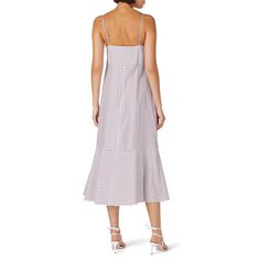 Brown and white striped crepe (100% Tencel). Shift. Sleeveless. V-neckline. Razorback straps. Pull on. 50" from shoulder to hemline. Imported. Casual Stripes, Rent The Runway, Club Monaco, Summer Ready, Closet Designs, Striped Dress, Monaco, Fashion Design