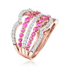 Ross-Simons - 1.00ct t. w. Pink Sapphire, .96ct t. w. Diamond Multi-Row Ring Size 9. A stylish stack - in one sumptuous style! You'll become the topic of conversation wherever you wear this incredible multi-row ring, beautifully adorned with 1.00 ct. t. w. round pink sapphires and .96 ct. t. w. round brilliant-cut diamonds in alternating open-space rows. Crafted in polished 14kt rose gold. 5/8" wide. Diamond and pink sapphire multi-row ring. Sapphire Diamond, Round Brilliant Cut Diamond, Pink Sapphire, Open Space, Round Brilliant, The Row, Sapphire, Ring Size, Diamonds