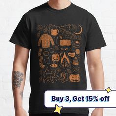 Standard fit with double-needle hems for durability. Solid colors are 100% preshrunk cotton, heather colors are cotton blend. Range of colors available, with the option to print on front or back. Size range S-3XL, suitable for men and women. A cozy, spooky, fall inspired pattern. Two color Halloween version. Band Merch T-shirt With Screen Print For Fall, Halloween Graphic T-shirt With Relaxed Fit, Halloween Graphic T-shirt Relaxed Fit, Halloween Graphic Design Relaxed Fit T-shirt, Fall Graphic Crew Neck T-shirt, Fall Graphic Design Crew Neck T-shirt, Fall Graphic Tee With Graphic Design, Graphic Tee With Graphic Design For Fall, Custom Print T-shirt For Fall Streetwear