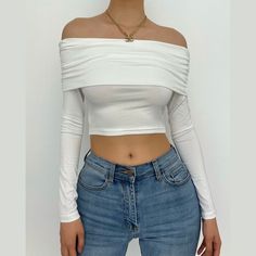 Ruched off shoulder long sleeve backless solid crop top Solid Crop Top, Waistcoat Sweater, Solid Dress Casual, Sheer Mesh Dress, Backless Crop Top, Long Sleeve Dress Formal, Cotton Linen Dresses, White Crop Top, Linen Clothes