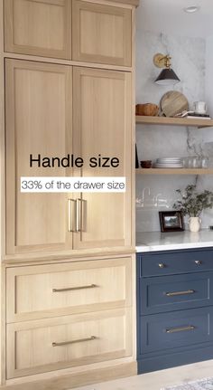 a kitchen with blue cabinets and white counter tops is featured in the article handle size 350 % of the drawer size