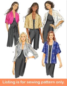 three women's tops and pants sewing pattern, with one woman in the front