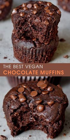 two chocolate muffins stacked on top of each other with the words, chocolate muffins vegan gluten free and easy to make