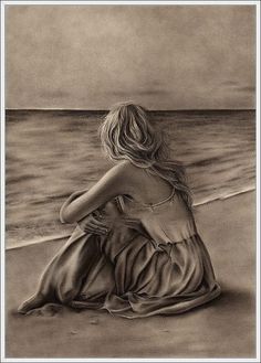 a drawing of a woman sitting on the beach looking out at the water and sand