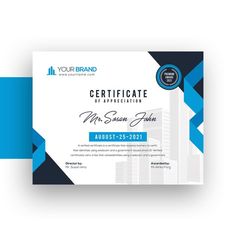 a blue and white certificate with an abstract design on the front, it is displayed