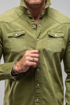 Ranger Snap Shirt In Avocado - AXEL'S Fall Washed Unstructured Shirt, Unstructured Washed Shirt For Fall, Rugged Washed Long Sleeve Shirt, Rugged Long Sleeve Washed Shirt, Distressed Long Sleeve Tops For Rodeo, Long Sleeve Washed Tops For Rodeo, Western Style Relaxed Fit Shirt With Button Closure, Casual Rodeo Shirt With Button Closure, Pre-washed Unstructured Button-up Shirt