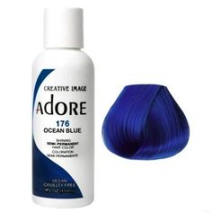 Adore Semi-Permanent Hair Color [#176 Ocean Blue] 4oz Adore Semi-Permanent Hair Color [#is a new and innovative hair Color [#that will infuse each strand with a vibrant burst of luxurious Color [#without the use of ammonia, peroxide, or alcohol! Adore's exclusive formula offers a perfect blend of natural ingredients providing rich color, enhancing shine, and leaving hair soft and silky. Available in 40 beautiful, vibrant colors to bring out the creative side in you. Hair is nurtured with penetra Ocean Blue Hair, Adore Hair Dye, Blue Hair Dye, Hidden Hair Color, Dyed Hair Blue, Semi Permanent Hair Dye, Semi Permanent Hair Color, Permanent Hair Dye, Hair Color Blue