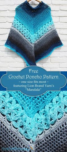 the crochet poncho pattern is shown in blue and gray