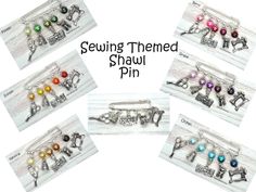 several different types of key chains with the words sewing themed shawu pin on them