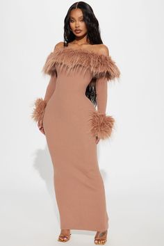 Jenna Faux Fur Sweater Maxi Dress - Mocha | Fashion Nova Dress Off Shoulder Long, Oversized Sweater Dress, Huge Hair, Fur Dress, Fur Cuffs, Faux Fur Sweater, Sweater Dress Oversized, Christmas Clothing, Sweater Maxi Dress