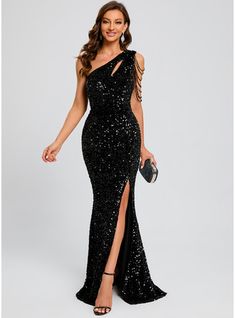 Sequin Black Bridesmaid Dresses, Black Sparkling Dress, Cocktail Gowns Evening Party, Black Sequin Bridesmaid Dress, Cocktail Party Dress Night, Black Sequin Dress Long, Long Black Sequin Dress, Sequin One Shoulder Dress, Prom Night Dress