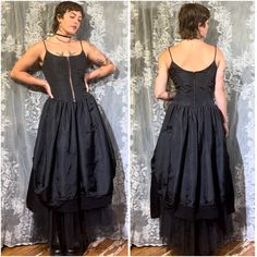 Vintage 1990s Gunne Sax black corset maxi dress upcycled by "MeJane" artwear!🕷️ This dress is a gothic dream!  ~Featuring a flattering bustier style bodice with a rhinestone peekaboo center & upcycled tule, lace, and ribbon by "MeJane" artwear~ Measurements: Bust: 36" Waist: 32" Hips: free Black Gunne Sax Dress, Upcycling Dress, Corset Over Dress, Grunge Wedding, Upcycle Dress, Dress Upcycle, Corset Maxi Dress, Fairy Folk, Black Corset Top