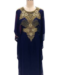 Navy Blue Kaftan Dress with lining Kaftan Beaded Dress Made with chiffon fabric One size fit Summer Embellished Chiffon Evening Dress, Summer Chiffon Evening Dress Embellished, Elegant Georgette Maxi Dress For Beach, Elegant Embellished Maxi Dress For Beach, Long Blue Evening Dress, Embellished Georgette Dress For Evening, Eid Party Chiffon Maxi Dress, Embellished Chiffon Dress, Royal Blue Chiffon Dress For Party