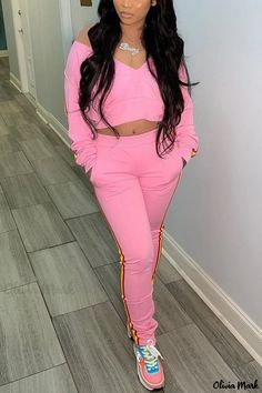 Olivia Mark - Womens Elegant Blush Pink Daily Two-Piece Long Sleeve Set Pink Stretch V-neck Sets, Pink V-neck Stretch Sets, Casual Stretch Pink Sets, Pink Casual Stretch Sets, Casual Pink V-neck Sets, Pink Fitted Casual Set, Trendy Pink Long Sleeve Jumpsuit, Trendy Pink Long Sleeve Jumpsuits And Rompers, Pink Stretch Jumpsuit With Long Sleeves