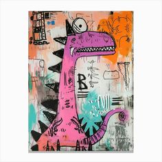 a pink dinosaur painting with black and white writing on it's face, sitting in front of an orange background