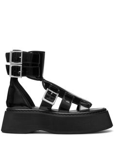 black calf leather caged design round open toe buckle-strap fastening branded leather insole flatform rubber sole Cdg Play Converse, Play Converse, Sandal Platform, Junya Watanabe, Sandals Black, Ankle Straps, Strappy Sandals, Black Sandals, Women's Shoes Sandals