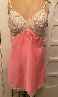 70's I.MAGNIN skip dress 38"D Vintage Slip Dress Pink, 1970s Fitted Mini Dress, Vintage Silk Slip Dress With Lace Trim, Vintage Pink Slip Dress With Lace Trim, 1970s Spring Vintage Dress With Lace Trim, Sherman Oaks, Night Gown, 1970s, Slip Dress