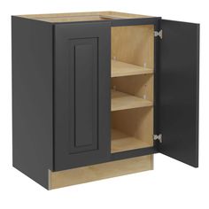 the cabinet door is open to reveal an empty shelf