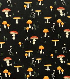 a black background with orange and white mushrooms