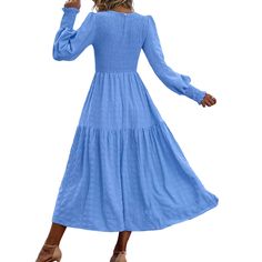 Light Blue Puff Sleeve Pleated Swing Long Dress Blue Puff Sleeve Midi Dress For Fall, Blue Lantern Sleeve Dress For Fall, Women Dresses, Maxi Dresses, Dresses Maxi, Puff Sleeve, Long Dress, Light Blue, Maxi Dress