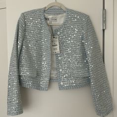 Zara Light Blue Sequined Jacket Nwt Medium Blue Long Sleeve Blazer For Evening, Chic Blue Cropped Long Sleeve Jacket, Chic Blue Long Sleeve Cropped Jacket, Zara Light Blue Long Sleeve Outerwear, Elegant Zara Cropped Jacket For Spring, Zara Light Blue Long Sleeve Blazer, Blue Winter Outerwear For Evening, Spring Light Blue Formal Outerwear, Light Blue Formal Outerwear For Spring